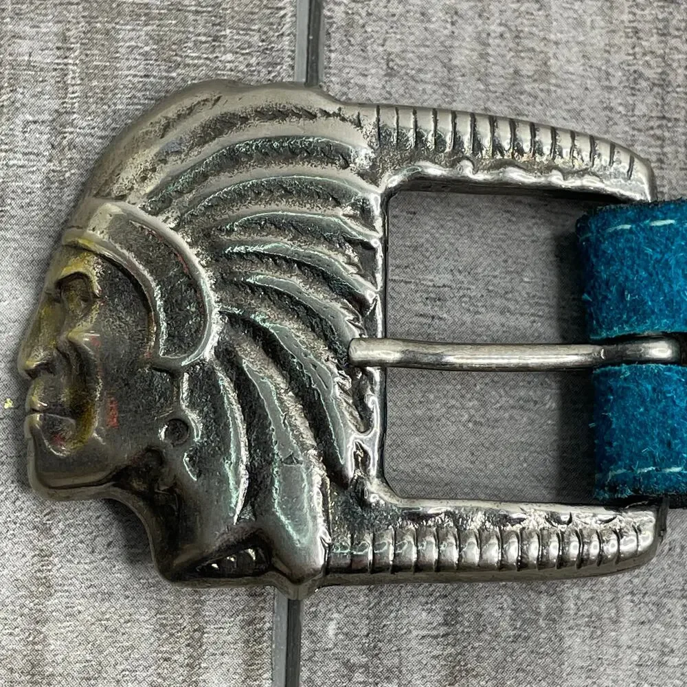 Vintage Native American Indian Head Silver Buckle Teal Calfskin Leather Belt S